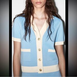 Zara Light Blue and Cream Short-Sleeve V-Neck Cardigan skirt set